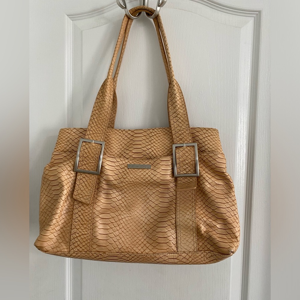 Kenneth Cole New York Tan Croc embossed large leather hand bag